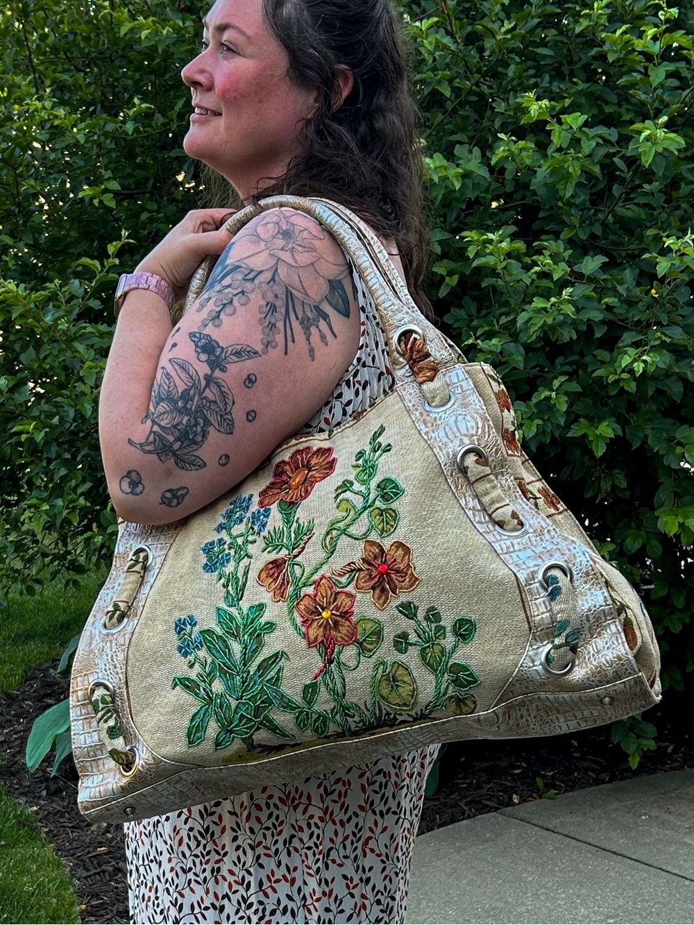 Mellow World Floral Embroidered Oversized Weekender Tote Bag Beaded Beige